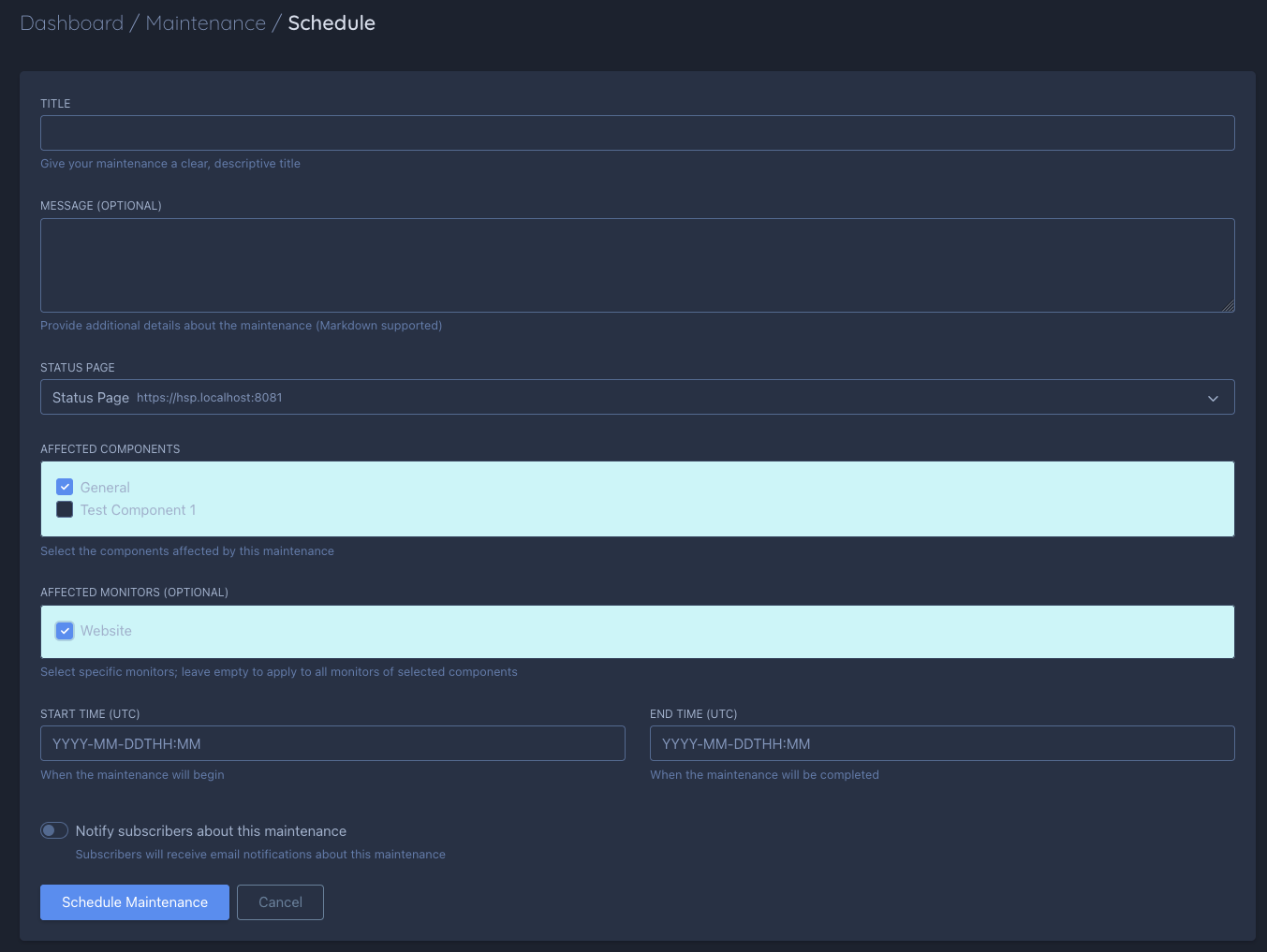 Schedule maintenance form